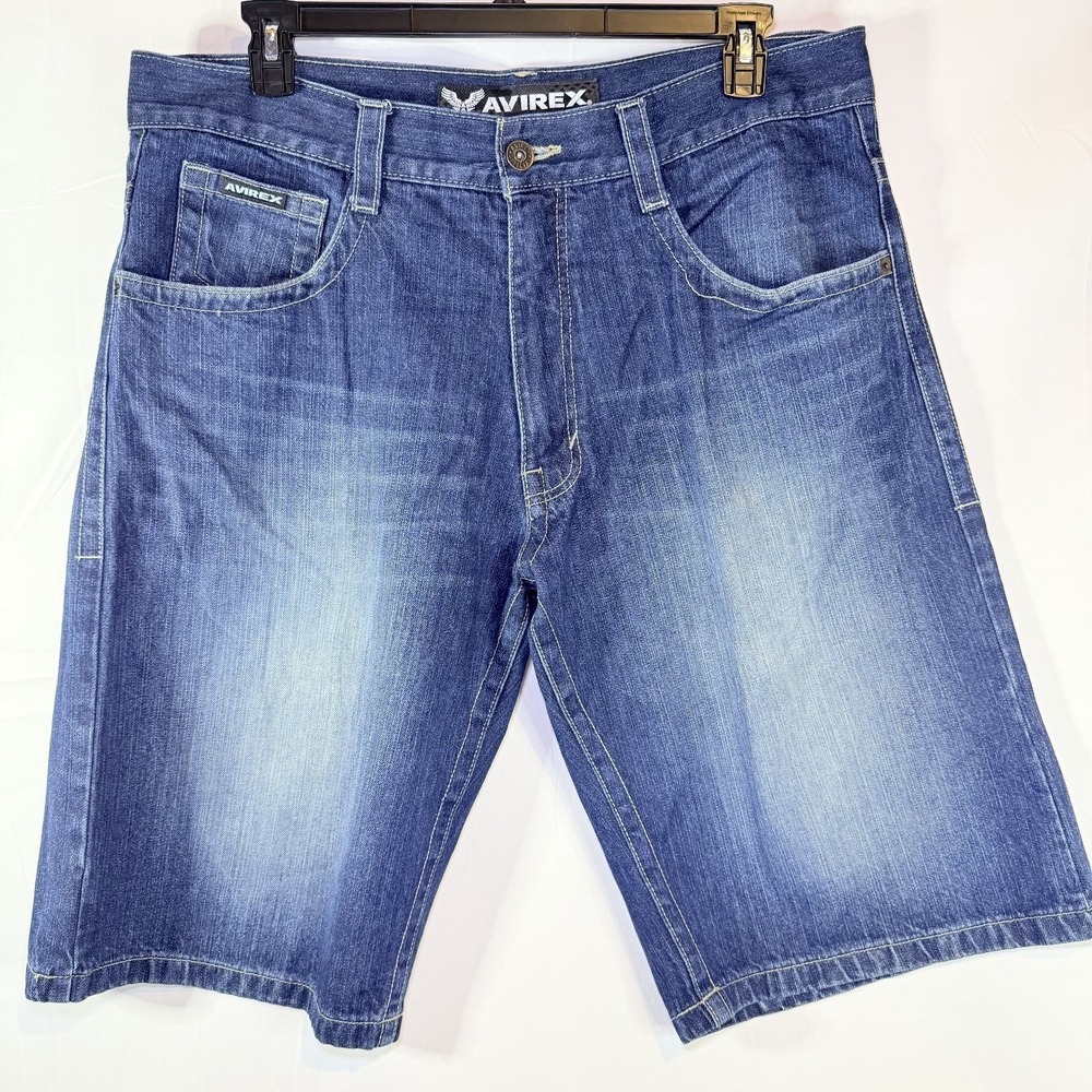 AVIREX Denim Shorts Men's Blue Size 38 100% Cotton Embroidered Logo Jorts‎